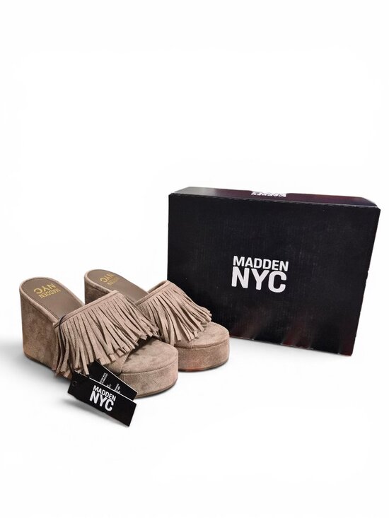 Madden Nyc Shoes - NIB Madden NYC Women’s Fringe Boho Wedge Slide Sandal Platform Size 6 Taupe